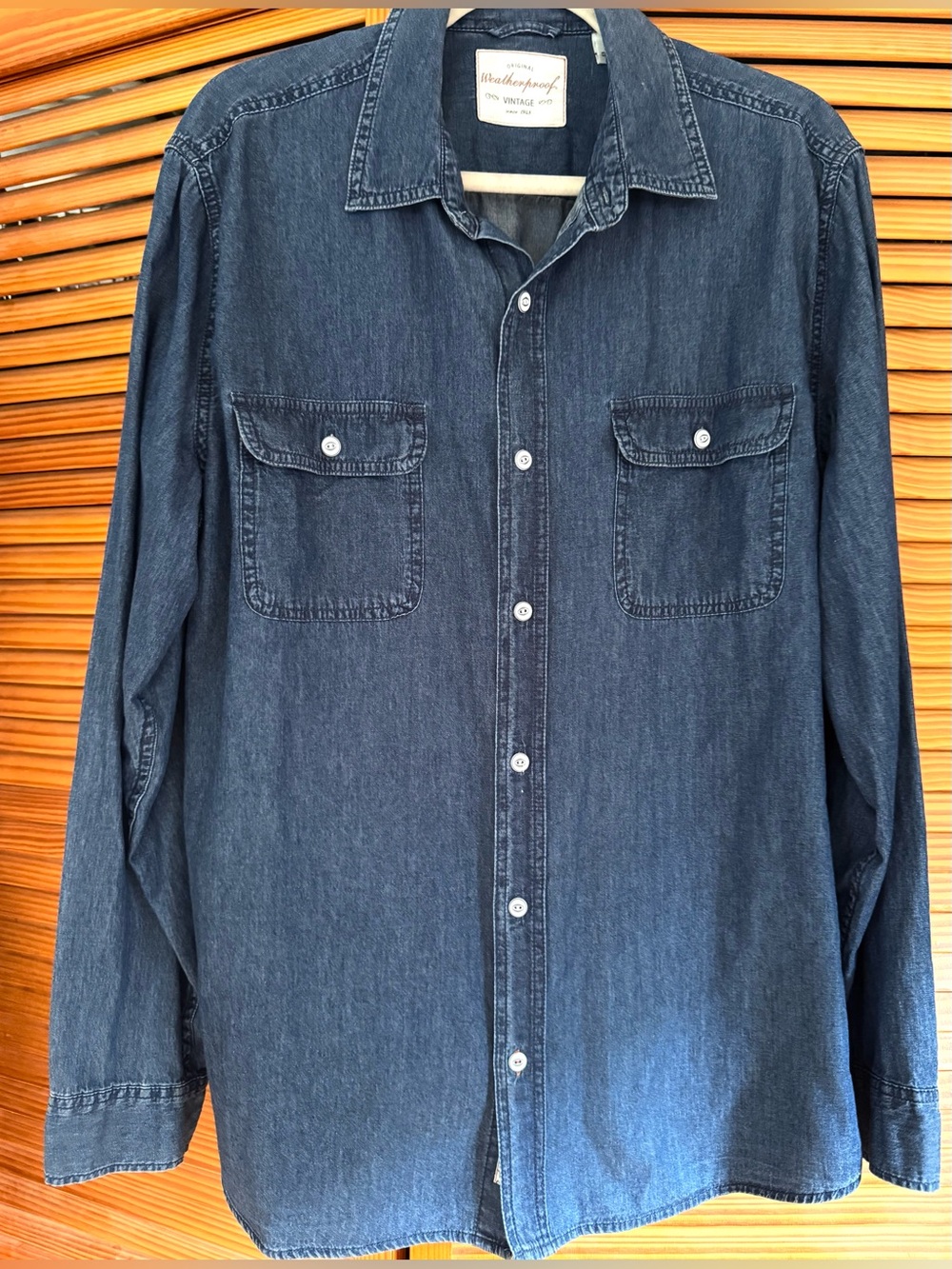 Original Weatherproof Vintage Denim Blue Button-Down Casual Shirt, Men’s Large